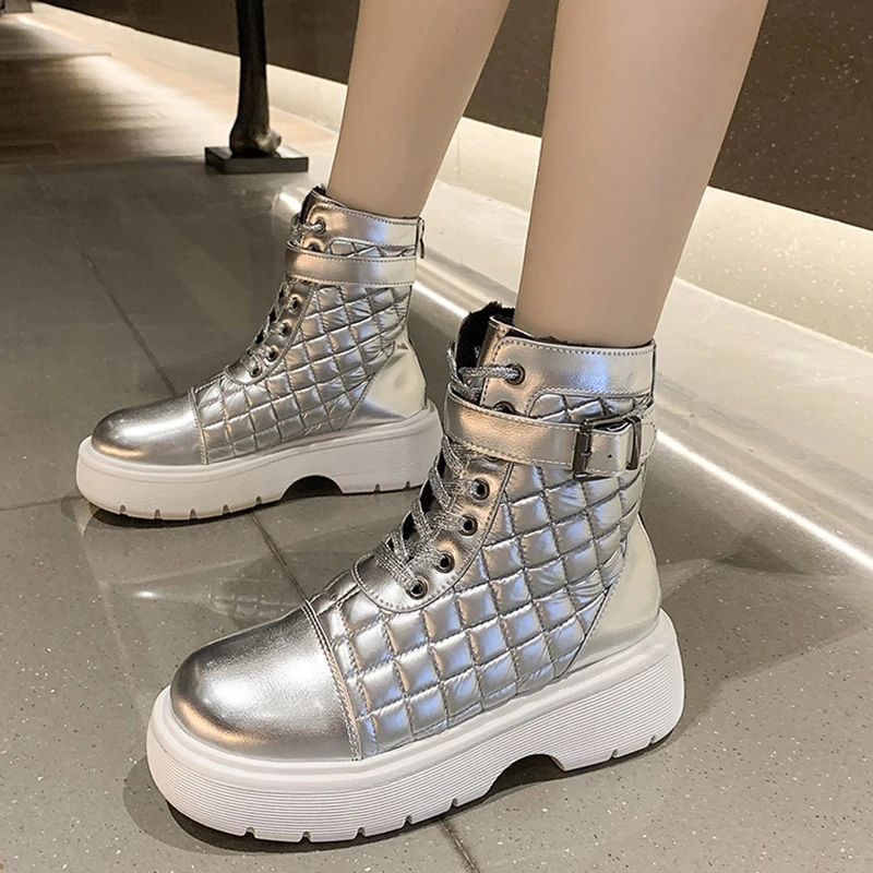 

Rimocy Silver Buckle Chunky Boots Platform Women Thick Sole Warm Short Plush Ankle Boots Woman Round Toe Pu Leather Botas Mujer