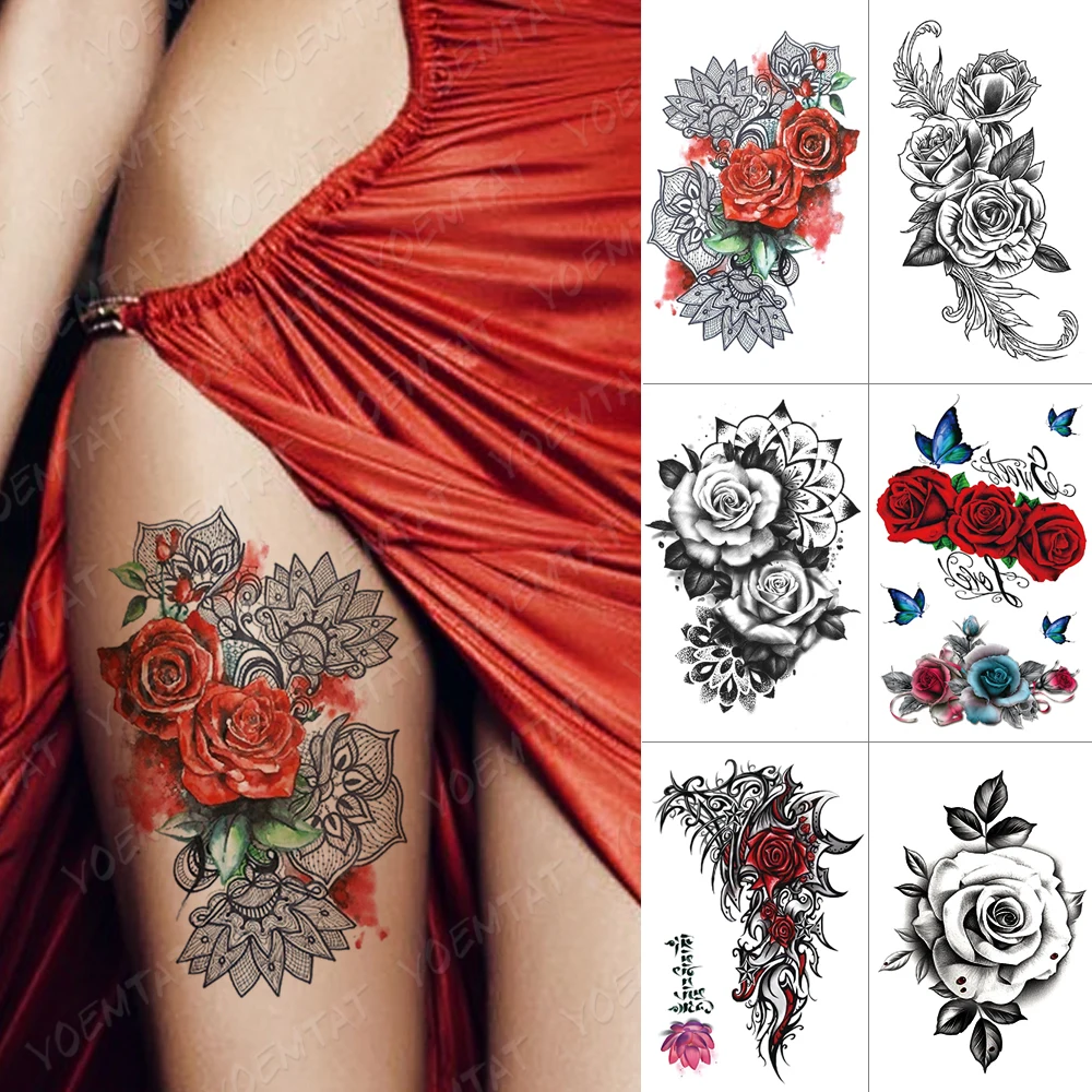 

Waterproof Temporary Tattoo Sticker Red Lace Rose Butterfly Flash Tattoos Mandala Henna Body Art Arm Fake Tatoo Women Men
