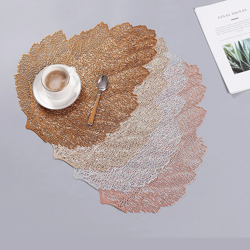 

4/6pcs Gold Silvery Leaves Placemats Kitchen PVC Mats for Dining Tables Drink Coasters Set Coffee Cup Pad Hotel Restaurant Gift
