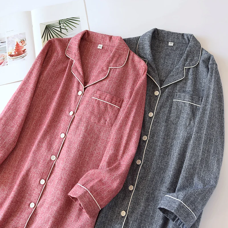 2023 new style 100% cotton skirt cardigan nightdress ladies spring and autumn long-sleeved loose mid-length nightdress plus size