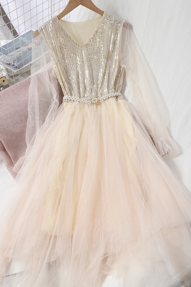 

2021 Summer Autumn Solid Sweet Slim Fairy Dress A Line V Neck Full High Waist Mid-Calf Women Party Dress