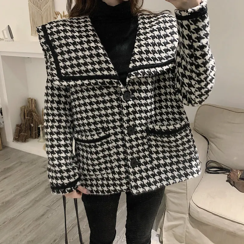 

HziriP Chic Autumn Plaid Warm Black Gentle Chic Fashion Retro 2019 Hot Office Lady Woolen Women Elegant Vintage All-Match Coat