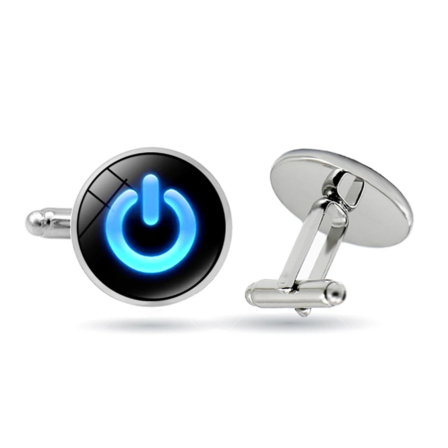 Кнопка питания запонки-компьютеры символ Синяя кнопка переключатель запонки Tech