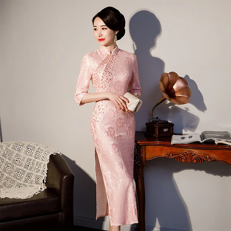 

2021 Spring Bride Bridesmaid Wedding Prom Cheongsam Skirt Elegant Sexy Hight Split Lace Qipao M-4XL Pearl Button Chinese Dresses