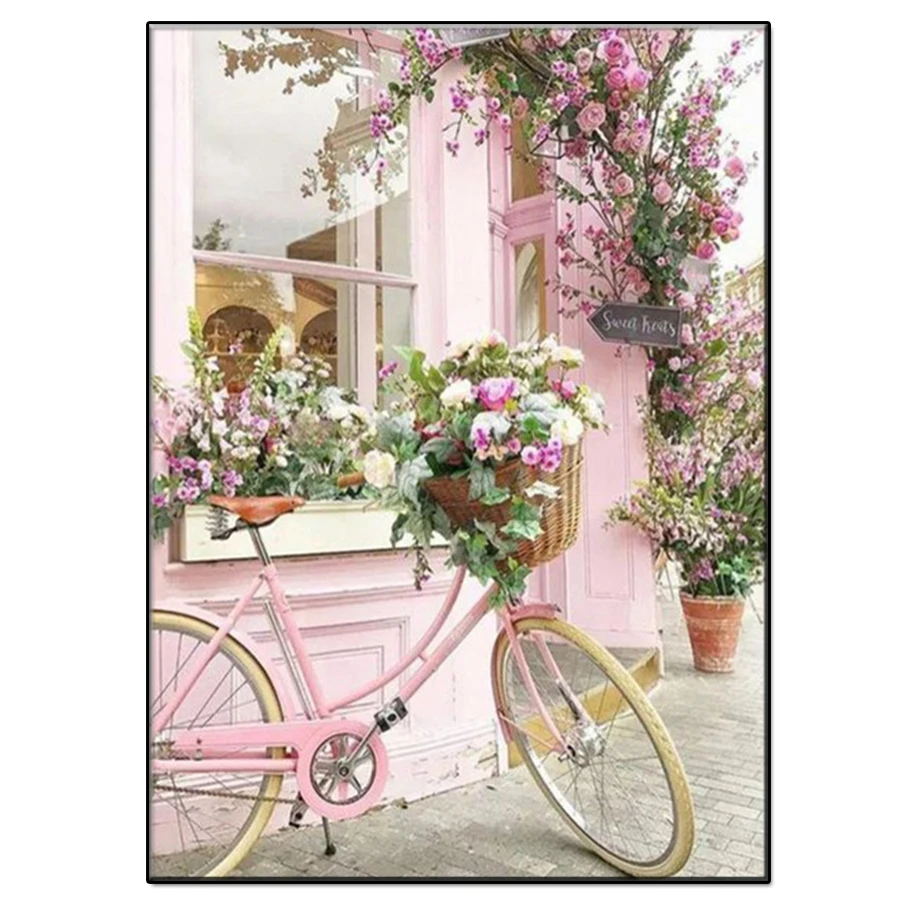Алмазная вышивка Розовые розы и розовые велосипеды | Дом сад