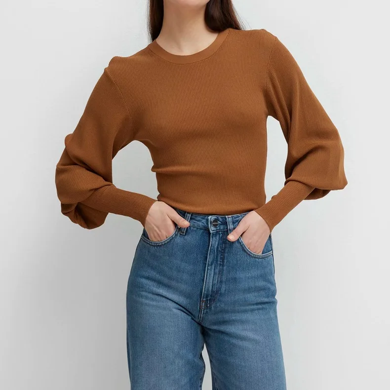 Black Vignola knitted Top Round Neck Long wide sleeves exaggerated cuffs fitted body Fashion Jumper 2020 NEW WOMAN | Женская одежда