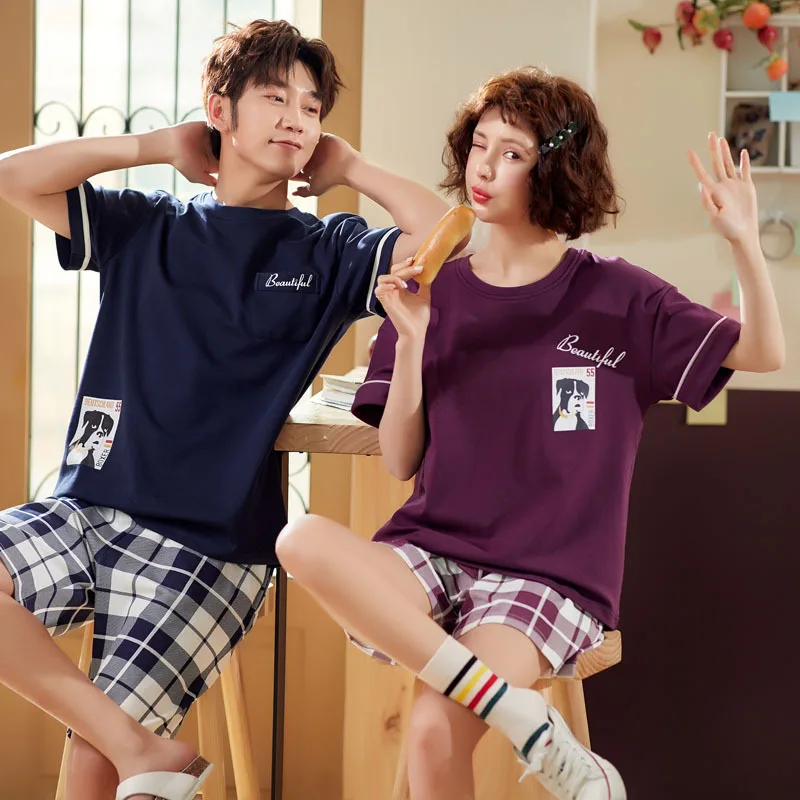 

2020 Summer Couple Pajama Set Cotton Pyjama Femme Male Short Sleeved Women Sleepwear Stich Pijama Casual Homewear Nightwear