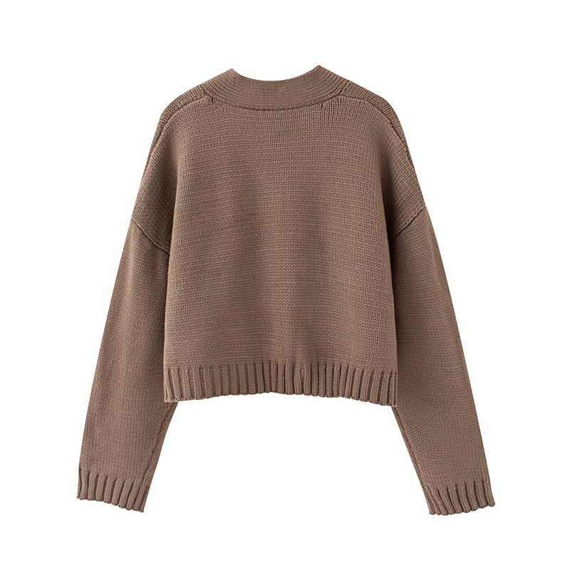 

Spring and autumn women's sweater casual solid color V-neck long sleeve pocket decorative sweater