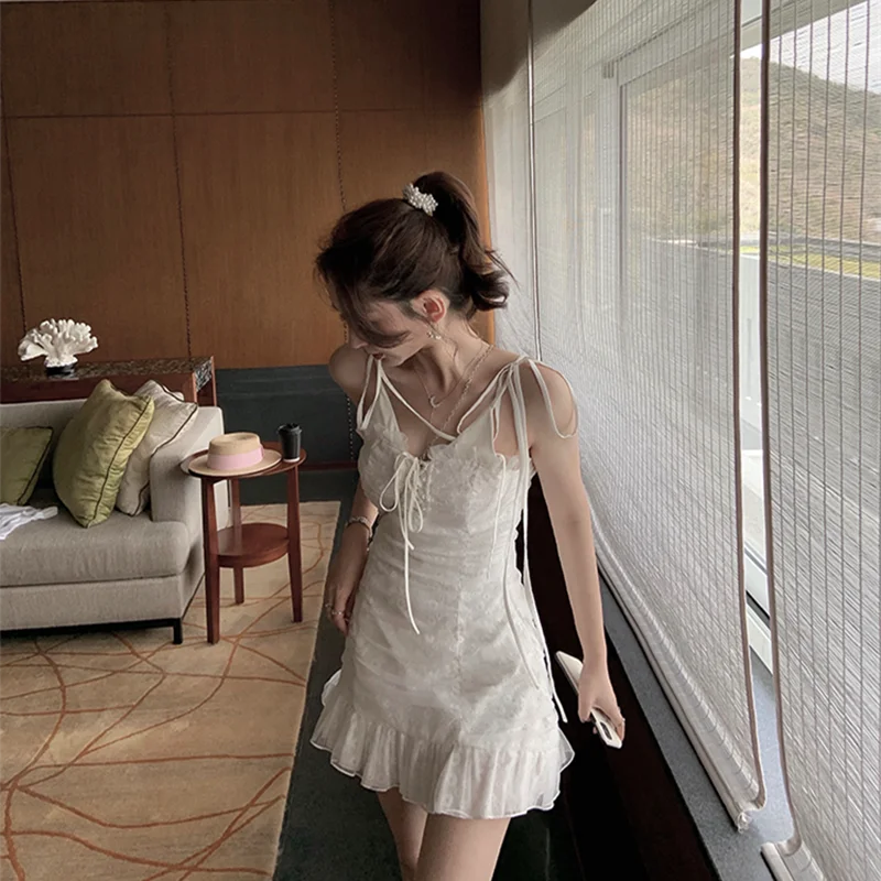 Пикантное белое кружевное платье с японским бантом женское летнее корейское