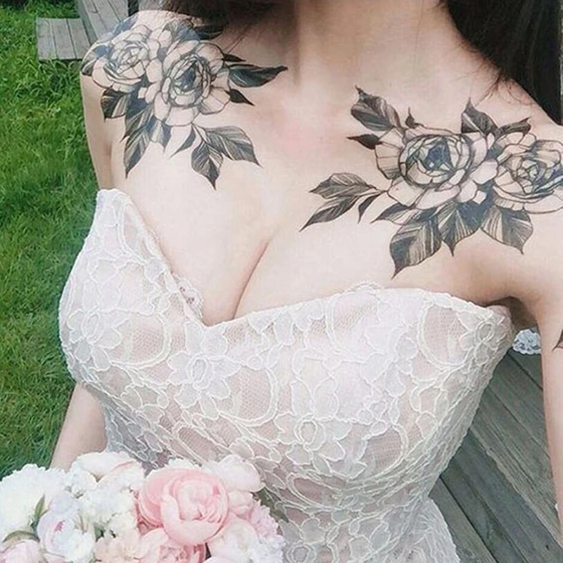 

1Sheet Temporary Tattoo Black Flower Tattoo Sleeves Water Transfer Tatoo Sticker Peony Rose Tattoos Body Art Sexy Tatoo Girl Arm