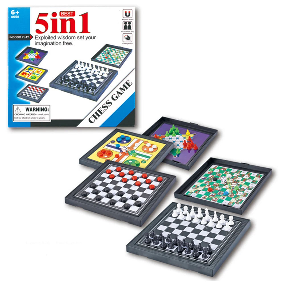 

5 In I Travel Parent Child Board Game Set Kids Adults Magnetic Chessboard Flying Chess Family Party Entertainment Checkers Gifts