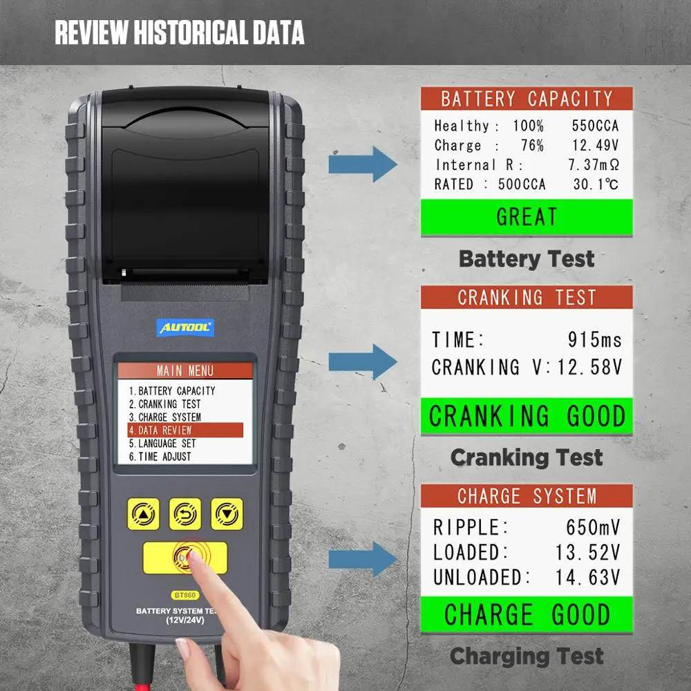AUTOOL BT860 12- 24 в автомобильный тестер батареи с принтером и мониторингом