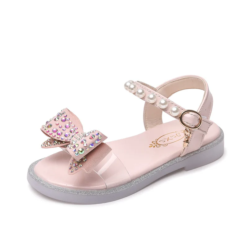 Sandalias de princesa con nudo de mariposa para ni&ntilde;as, zapatos de playa, bonitas sandalias de perlas, bonitas para fiesta, elegantes, a la moda, 2022-0