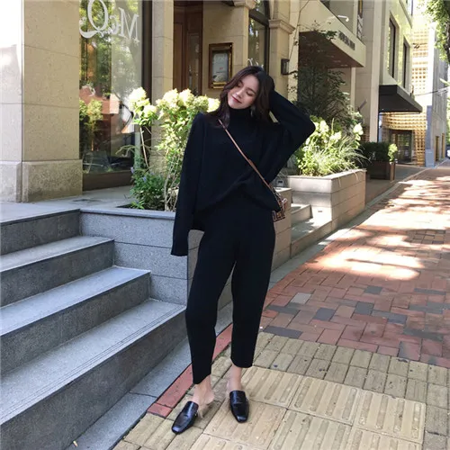 

2 Pieces Set Women Winter Clothes Autumn Knitted Sweater Tracksuit Turtleneck Pants Ladies Loose Clothing Suits Female Suit