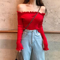 ruffle off shoulder top blouse women knitted shirt long sleeve vintage clothes backless sexy tee shirt 2021 korean fashion