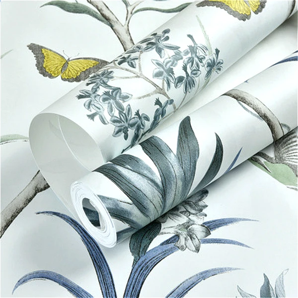 

Non Woven Wallpaper Bedroom Wall Covering Modern Vintage Pink Floral Wallpaper Blue Tropical Butterfly Birds Flower Wall Paper