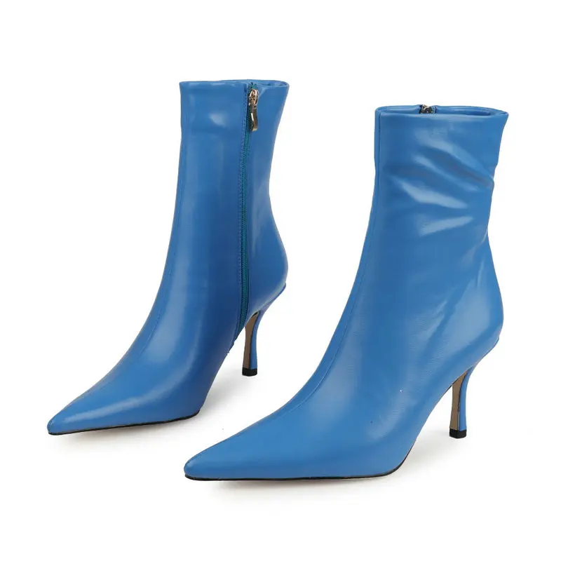 

Ботильоны женские на молнии, Стрейчевые короткие ботинки на тонком высоком каблуке, заостренный носок, синие, красные, белые, Осень-зима