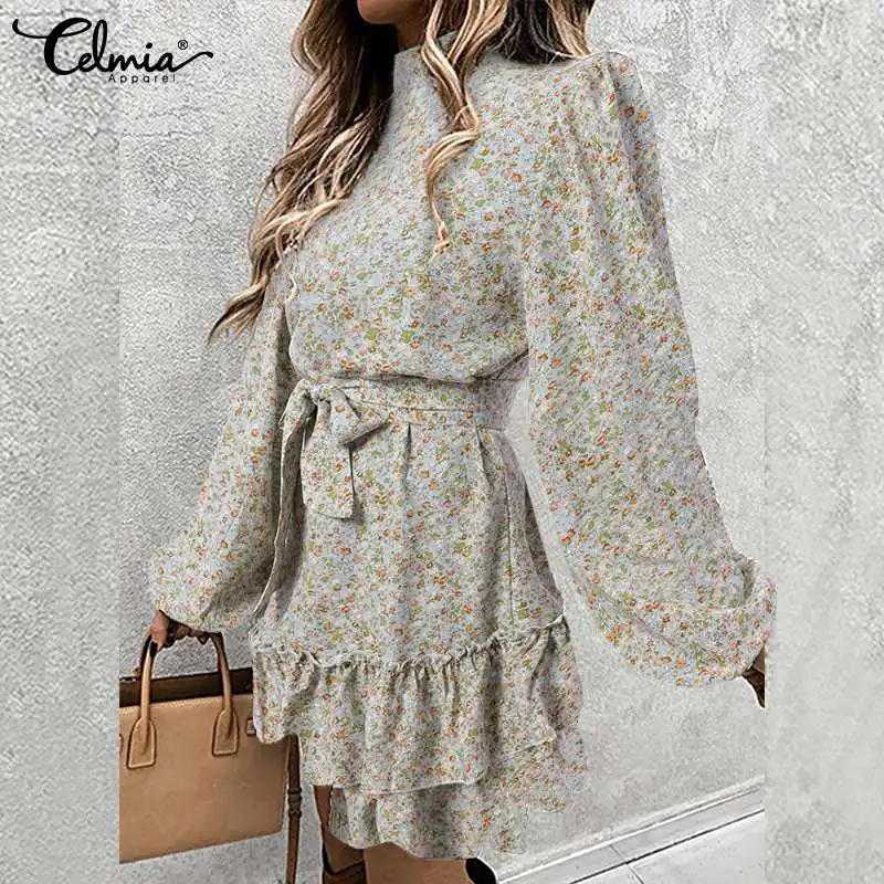 

Элегантное женское мини-платье Celmia с высоким воротником, осень 2022, сексуальное платье с цветочным принтом и талией, богемный вечерние чный с...