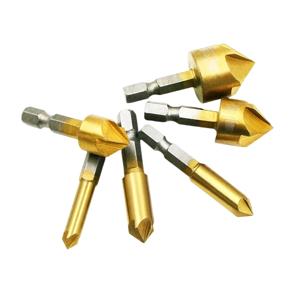 

1Set Countersink Drill Bit Set 1/4'' Hex Shank HSS 5 Flute Countersink 82 Degree Wood Chamfering Cutter Chamfer 6mm-19mm