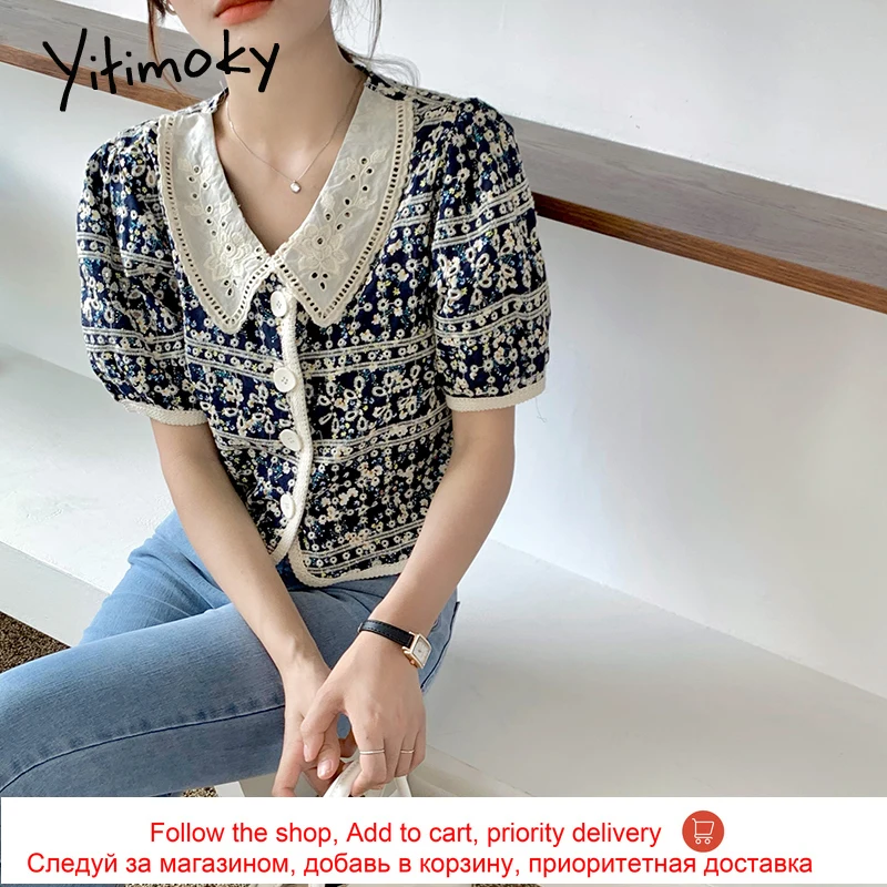

Yitimoky Vintage Women Shirts Puff Sleeve 2021 Summer New Peter Pan Collar Single Breasted Hook Flower Hollow Embroidery Shirt