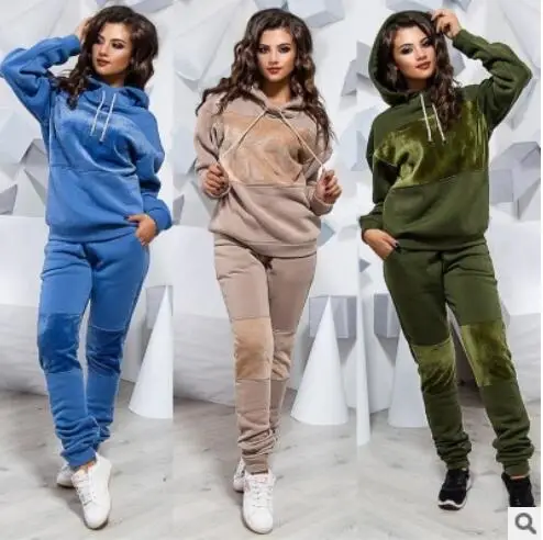 

Fashion Autumn Winter Tracksuit Women Hoodies Sweatshirts+ Long Pants Two Piece Set Outfits Pathwork Warm