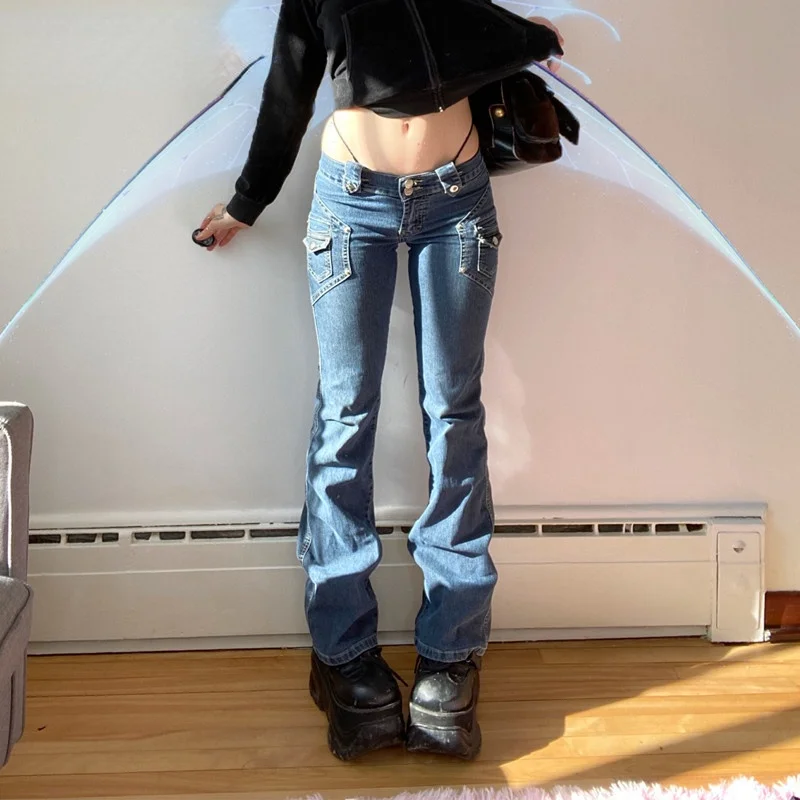 

2000s Aesthetic Low Rise Jeans Woman Casual Korean Cotton Pocket Denim Trousers Fashion Skinny Pants Capri Streetwear