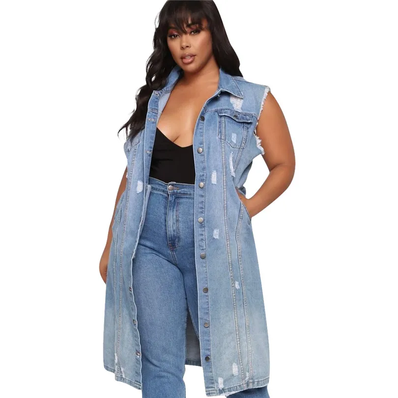 Женский Длинный джинсовый Тренч на пуговицах без рукавов с градиентом для