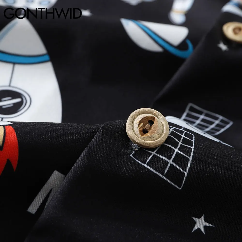 

GONTHWID Holiday Hawaiian Short Sleeve Shirts Hip Hop Casual Rocket Astronaut Print Blouse Streetwear Harajuku Men Shirts Tops