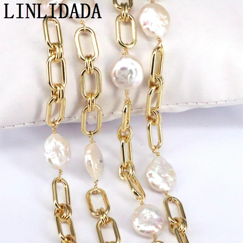 

3Meters New Fashion Natural Freshwater Pearl Rosary Chain Gold Color Electroplated For Jewelry Design