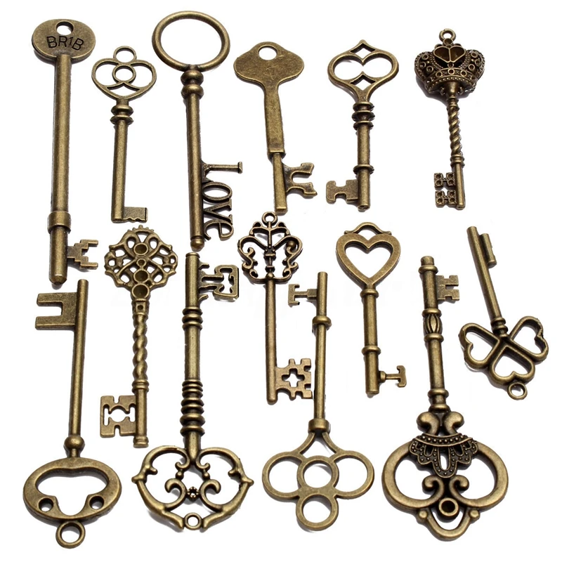 

Set Of 18 Antique Vintage Old Look Bronze Skeleton Key Heart Bow Lock Pendant