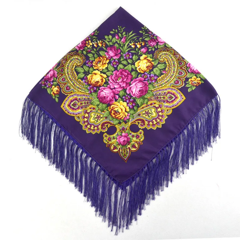 Purple Русская шаль квадратная Babushka Пашмина женский зимний шарф головной убор женский Ретро Цветочный узор шарф из хлопка с кисточками хиджабы - Цвет: Purple