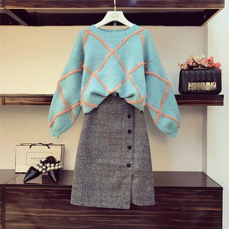 

Women's suitStriped linen solid color sweater buttons irregular mini short skirt suit autumn winter 2022 fashion two-piece suit