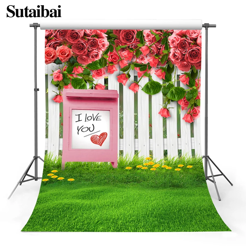 Valentine's Day Photography Background Garden Wooden Fence Red Rose Sweet Love Photo Decoration Photocall Photo Studio Props enlarge