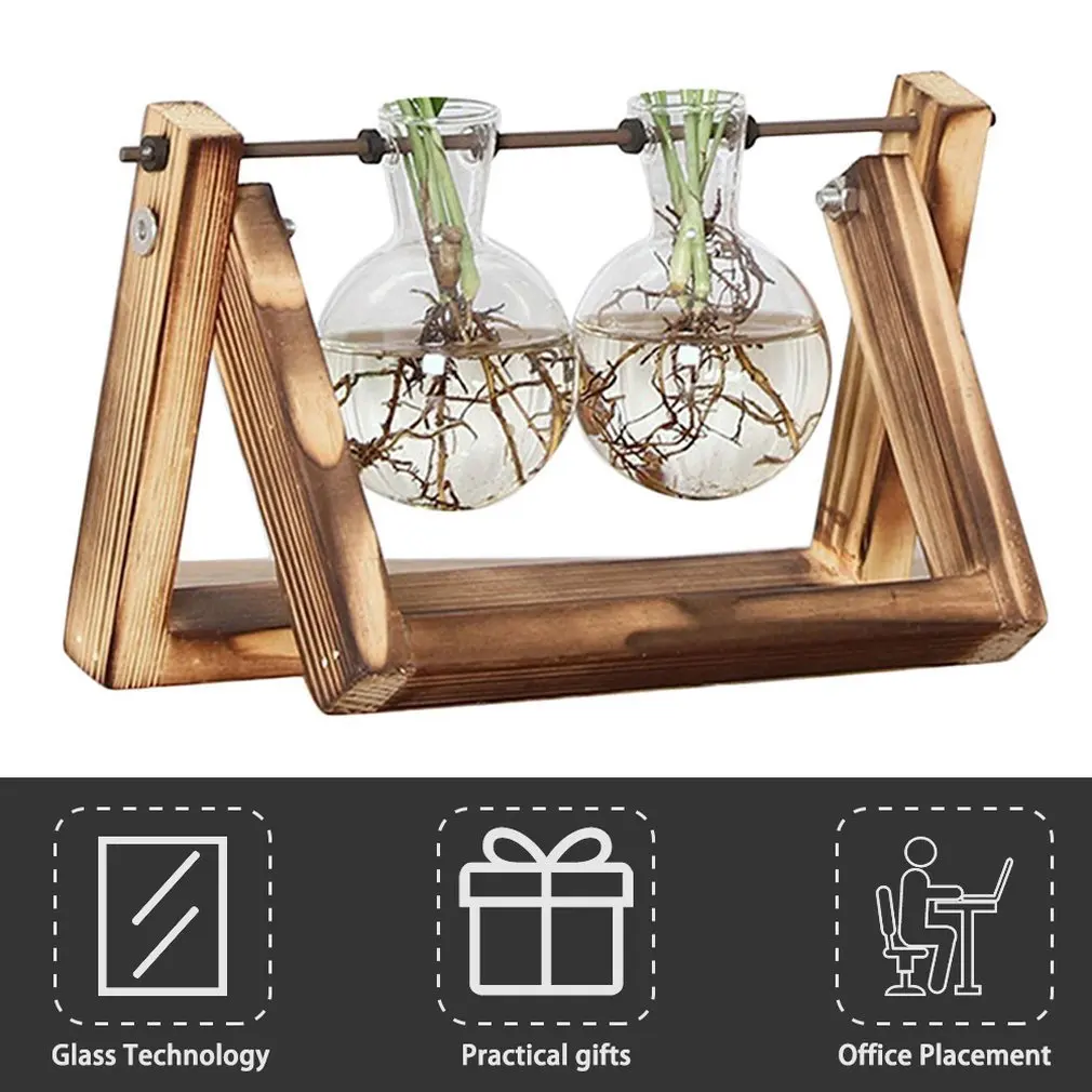 

Desktop Glass Planter Bulb Vase with Retro Solid Wooden Stand and Metal Swivel Holder for Hydroponics Plants Home Office Decor