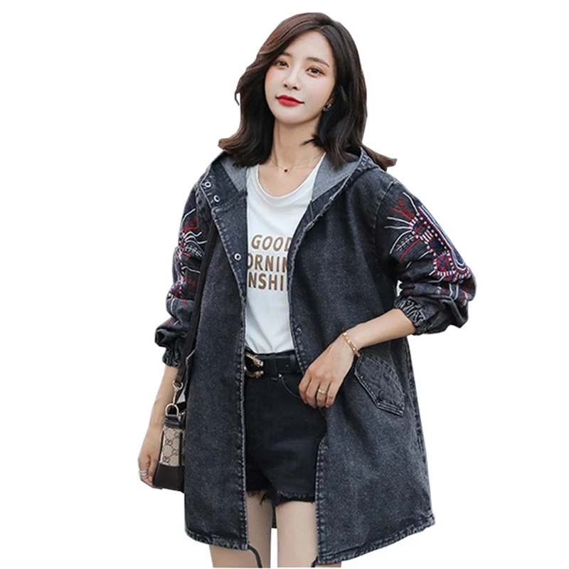 Джинсовый тренчкот с капюшоном Женская весенне осенняя одежда Модный