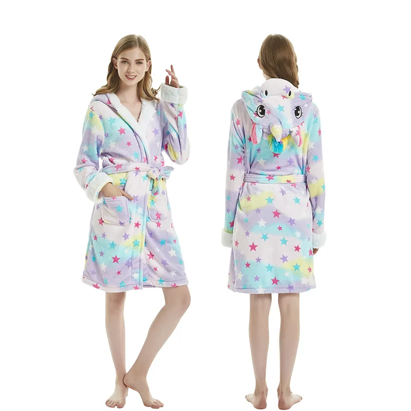 Adults Animal Flannel Bath Robe Sleepwear Women Bathrobe Nightgown Thick Warm Robe Winter Panda Unicorn Cartoon Plush Pajamas