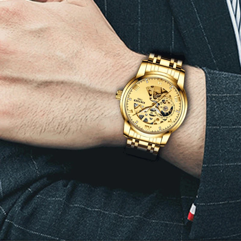 

KINYUED New Casual Automatic Men's Watch Stainless Steel Waterproof Luminous Gold Mechanical Men's Watches Top Brand Luxury J020