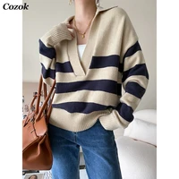 za 2021 new autumn women v neck striped knitted sweaters lapel long sleeve loose polo shirt pullovers female casual chic tops