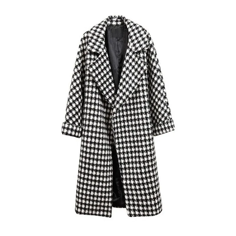

Plaid wool winter coat ladies thick warm black and white plaid casual long coat lapel 2021 women