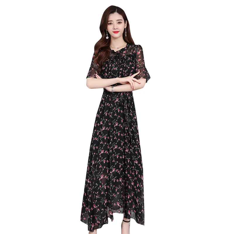 

Summer Maxi Dress Fashion Women Black Print Sexy O-neck Thin Chiffon Floral BohoTropical Party Elegant Runway Dresses Vestidos