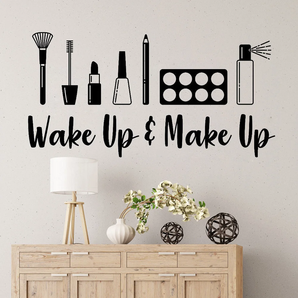 

Wake up and Make Up Quote Wall Art Stickers Beautiful Design Decal Wall Vinyl Decor Eyebrows Lashes Cosmetics Beauty Salon A424