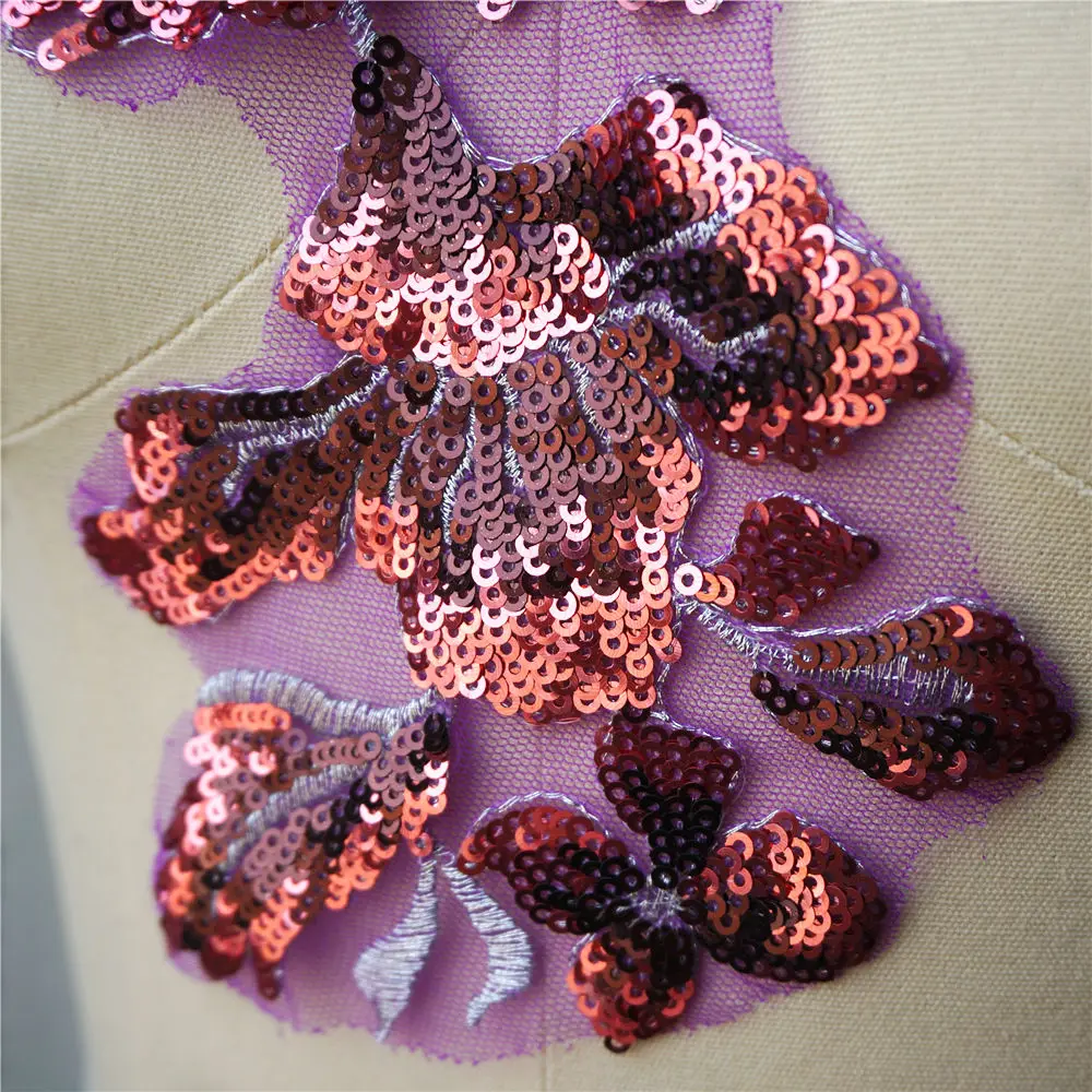 Фиолетовые блестки цветок кружевная ткань воротник вышитая аппликация для