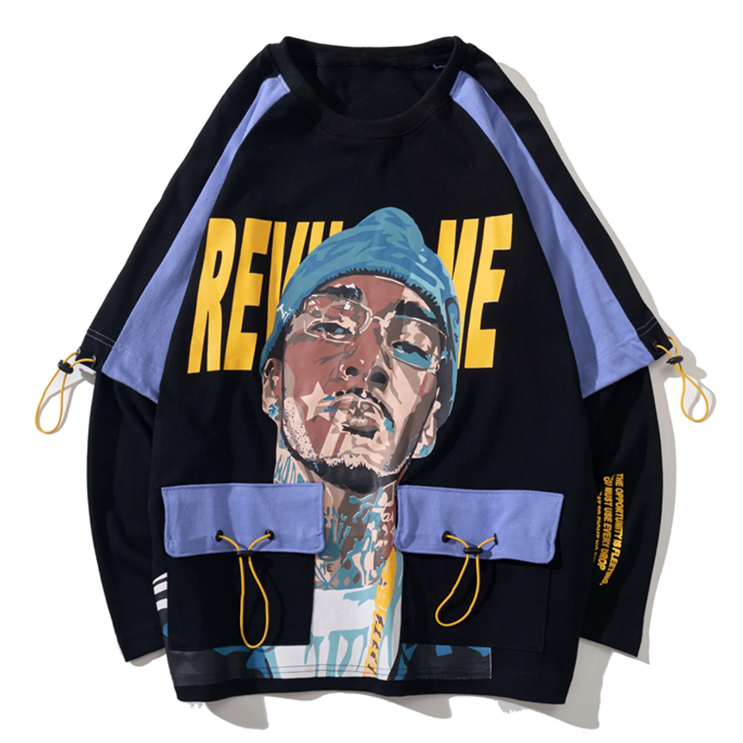 

LACIBLE Harajuku Streetwear Casual Fake Two Long Sleeve Pullover Cotton Hip Hop Color Clock Patchwork Print Sweatshirts Mens