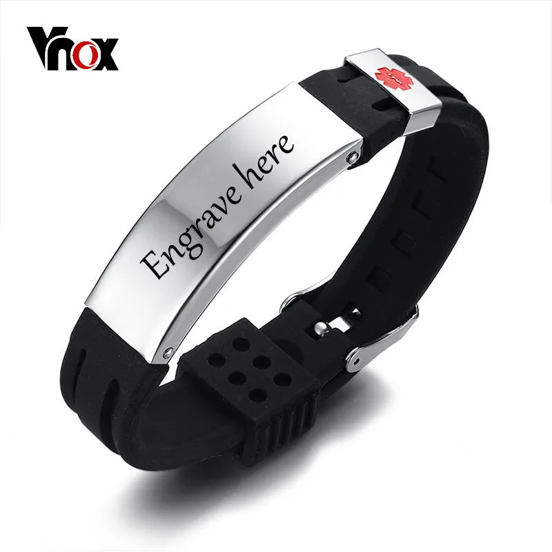 

Vnox Free Personalized Engraving 15mm Medical Alert ID Bracelet for Men Women Silicone Stainless Steel Watch Band Adjustable