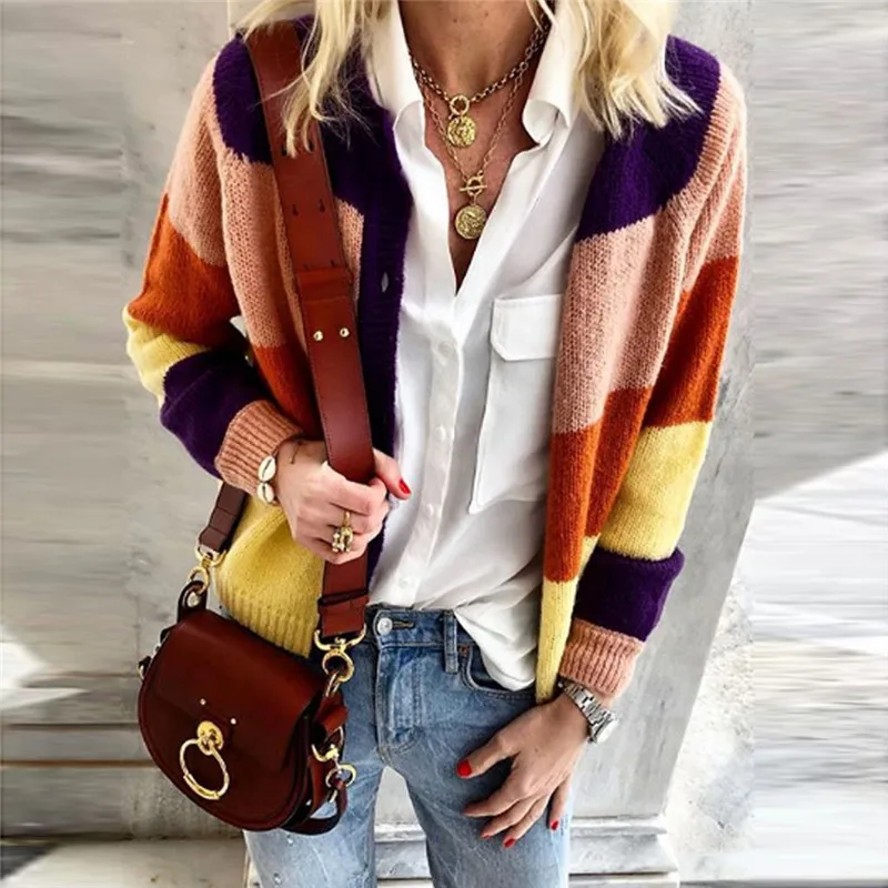 Женский свитер вязаная куртка осеннее пальто новинка 2019 Модные Полосатые