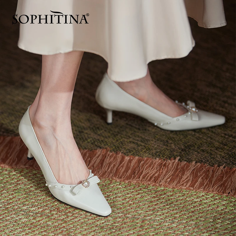 

SOPHITINA Women Pumps Fashion Pearl Butterfly-Knot Premium Leather Handmade Shoes Thin Heels Comfort Elegant Lady Shoes DO150