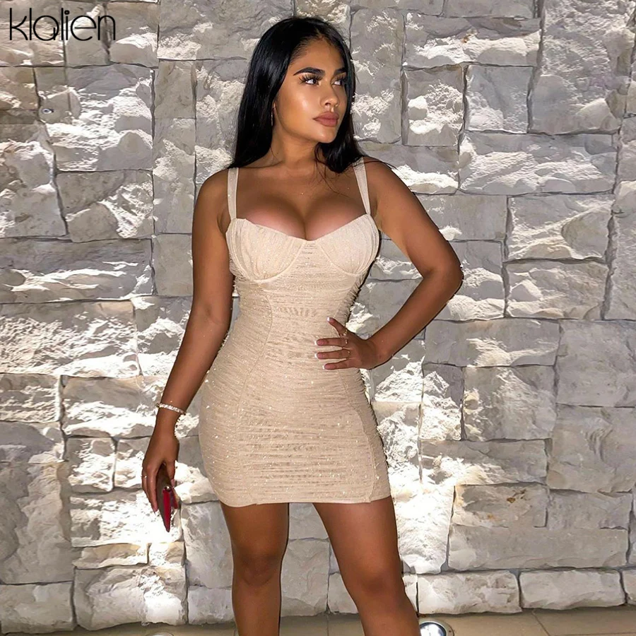KLALIEN-сексуальное мини-платье 2 цветов с открытыми плечами блестящее облегающее