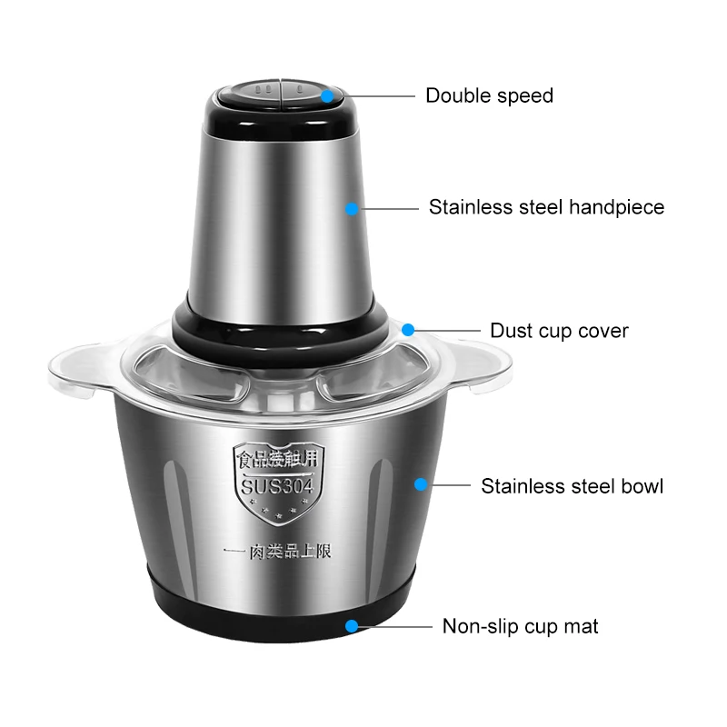 

3L/2L Capacity 500W 304 Stainless Steel Electric Chopper Meat/Grinder Mincer 2 Speeds 4 Blade Food Processor Slicer