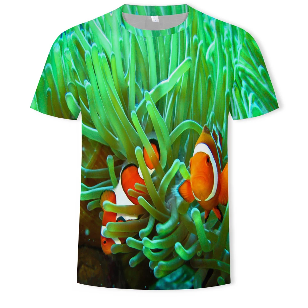 

Summer men's and women's clothing loose and comfortable 3D cotton short-sleeved T-shirt with deep sea and clown fish pattern