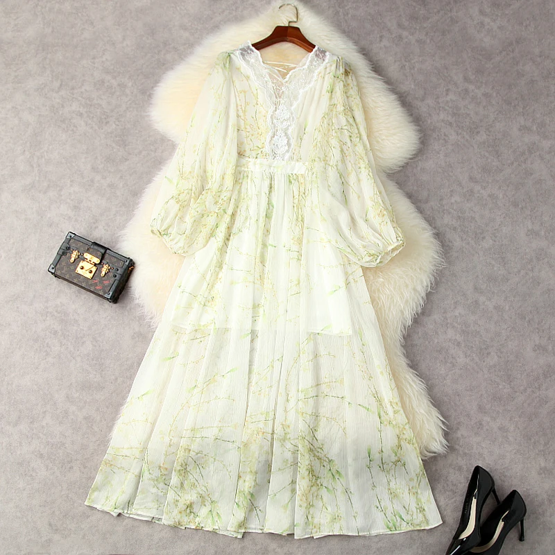 

Runway Summer Long Party Dresses Women's Chiffon on Vacation Lace Dress 2021 New Celebrity Sexy V-collar Reception Lady Dress